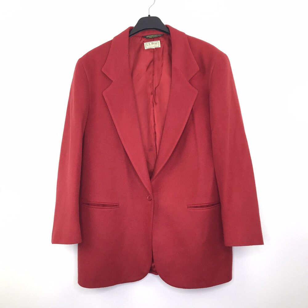LL Bean Women's 14R Coat Collared Shoulder Pads Pockets Wool Cashmere Solid Red